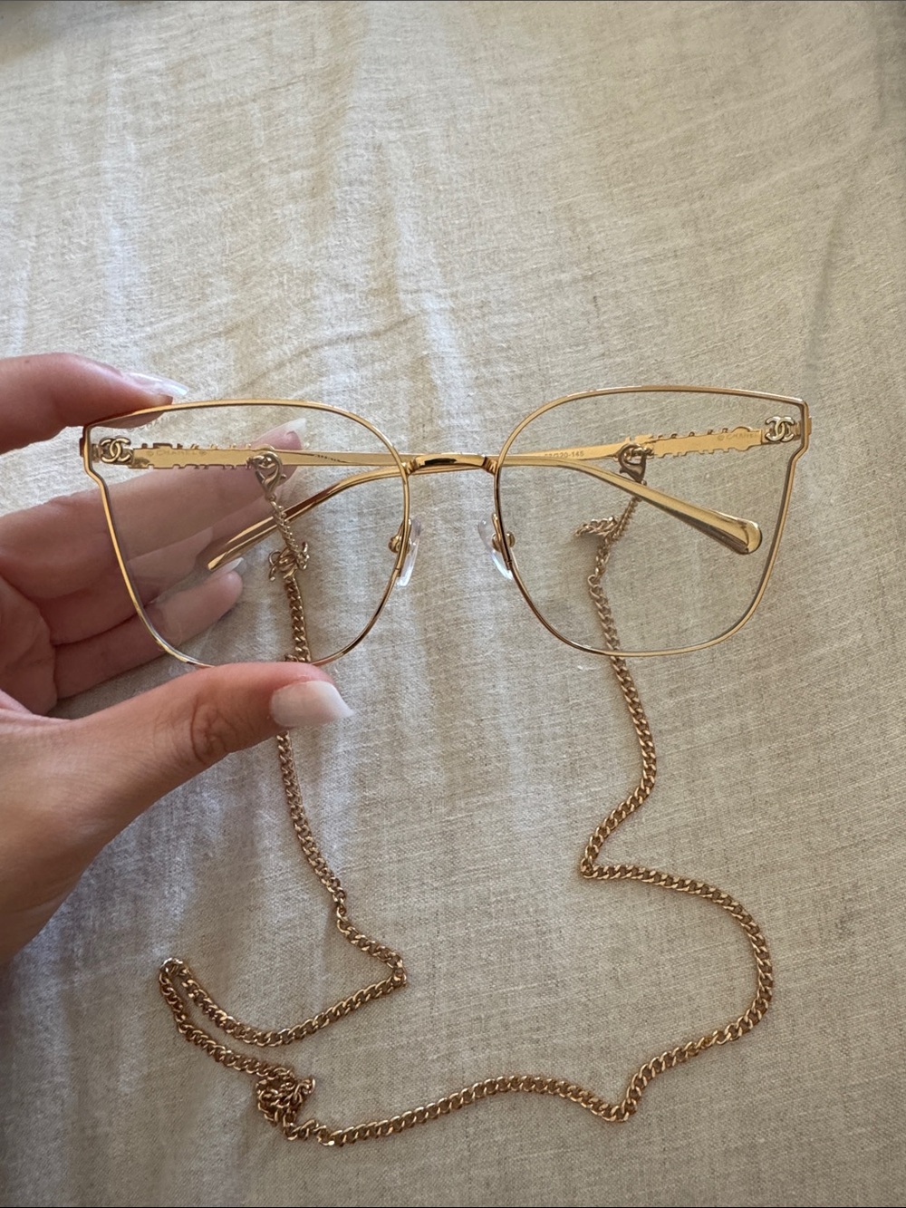 CHANEL Gold Metal Cat-Eye Glasses with Chain - Picture 2 of 7